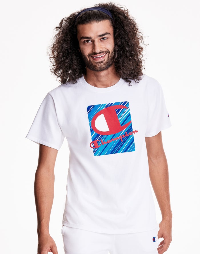 Champion T-Shirt Heren - Wit - Classic Jersey Inset Rectangle Logo ( 023649-KZW )